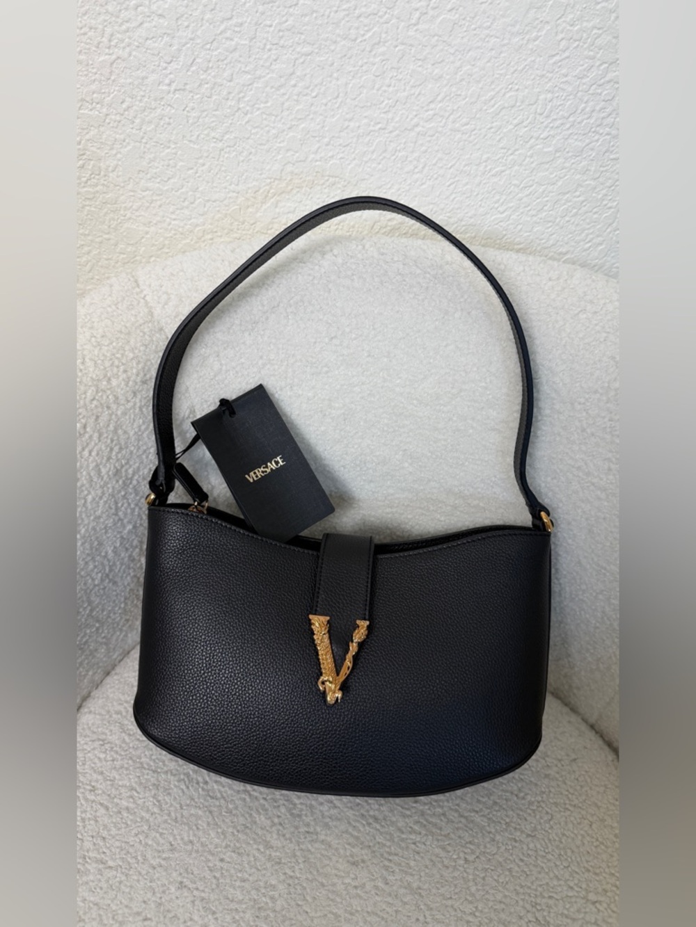 Sale ends 5/2 Versace Black virtus Pebbled Leather Shoulder Bag with Gold new
